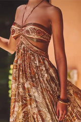 Strapless Lace Up Pleated Boho Dress