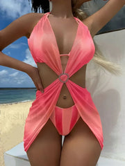 Striped Lace Mesh Bikini Three Piece Set