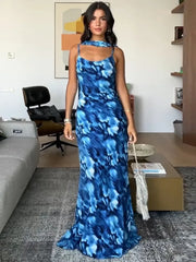 Blue Lace-Up Maxi Floral Dress