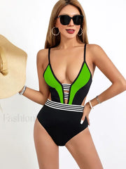 Spliced White Black Hollow Out One Piece