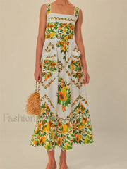 Floral Pocket Square Neck Maxi Dress