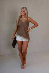 Asymmetrical Lace Trim Satin Cami Top-Brown