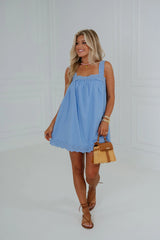 Sally Linen Lace Trim Mini Dress-Blue