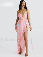 Lace-Up Split Ruffled Floral Dress