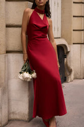 Satin V-Neck Halter Backless Maxi Party Dress