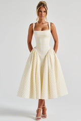 Plaid Printed Ruched Backless Spaghetti Strap Prom Dress
