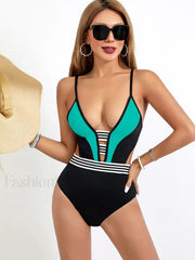 Spliced White Black Hollow Out One Piece