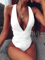 Deep V-Neck Lace Up Slim One Piece