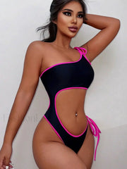 Black Single Shoulder Lace-Up One Piece