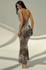 Printed Hollow Snake Pattern Sexy Perspective Floral Dress