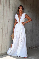 V Neck Ruffle Slit Flowy Maxi Boho Dress