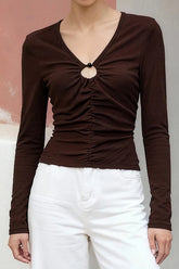 Brown V Neck Button Detail Slim Fit Knit Long Sleeve Tee