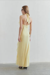 Solid Halter Deep V Back Lace Detail Long Prom Dress