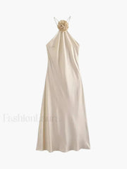 Satin Rosette Decor Halter Midi Dress