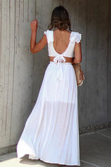 V Neck Ruffle Slit Flowy Maxi Boho Dress
