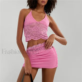 Sexy Lace Halter Backless Crop Top Mini Skirt Two Piece Set