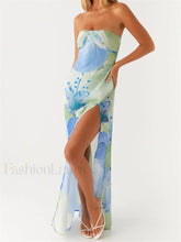 Floral Leaves Split Strapless Maxi Dress