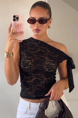 Lace Mesh Sheer Tie Asymmetric Crop Top
