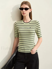 Striped Embroidered Knit T-Shirt