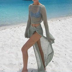 2PC Knit Crop Skirt Cover Up