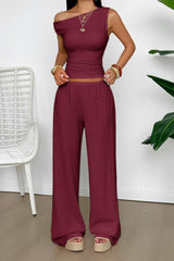 Textured Asymmetrical Tank Top Wide Leg Pants Set