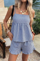 Blue White Plaid Spaghetti Strap Shorts Set