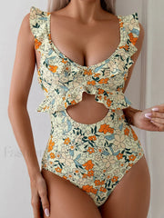 Ruffle Floral Printed Hollow Out One Piece