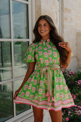 Janie Floral Belted Mini Dress-Green Multi