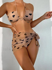 Heart Print Wrap Bikini Three Piece Set