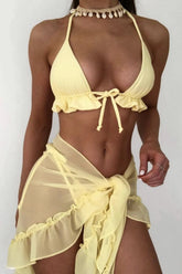 Ruffle Halter Tie Mesh Ruched Three Piece Swim Set