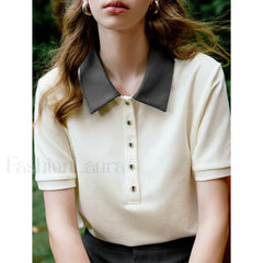 Contrast Polo Collar Pearl Pullover T-Shirt