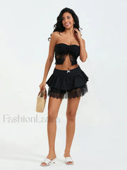 Goth Black Bow Trim A-line Skirt