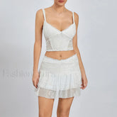 Sexy Lace Trim Sleeveless Crop Cami Mini Skirt Two Piece Set