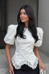White Lace Trim Ruched Waist Puff Sleeve Blouse