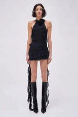Asymmetric Rose Halter Mini Dress