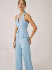 Cotton & Linen Vest With Straight Leg Pants Set