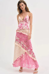 Floral Lace Panel Deep V Spaghetti Strap Maxi Dress