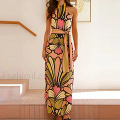 Lace-Up Halter Floral Dress