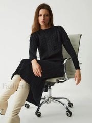 Leisure Cable Knit Long Modern Sleeve Two Piece Skirt Set