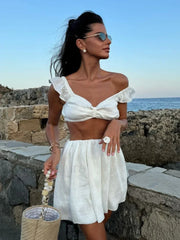 White V-Neck Sleepwear Shorts Two Piece Set