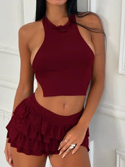 Ruffle Halter Mini Skirt Two Piece Set