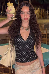 Black Polka Dot Mesh Patchwork Slim Halter Top
