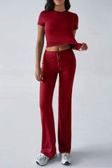 Essential Solid Color Crewneck Top Wide Leg Pants Set
