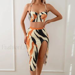 High-Waist Striped Push-Up Three Piece Set