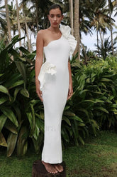 One-Shoulder Ruffled Floral Knit Maxi Dress
