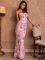 Floral Pink Spaghetti Strap Maxi Dress
