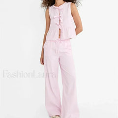 Striped Tie-up T-shirt Elastic Waist Pants Two Piece Set
