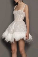 Feather Sequin Strapless Party Dress