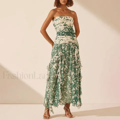 Strapless Pleated Chiffon Floral Dress