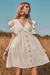 V-Neck One-Row Button Flared Pastoral Mini Dress